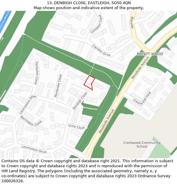 13, DENBIGH CLOSE, EASTLEIGH, SO50 4QN: Location map and indicative extent of plot