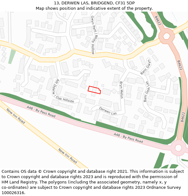 13, DERWEN LAS, BRIDGEND, CF31 5DP: Location map and indicative extent of plot