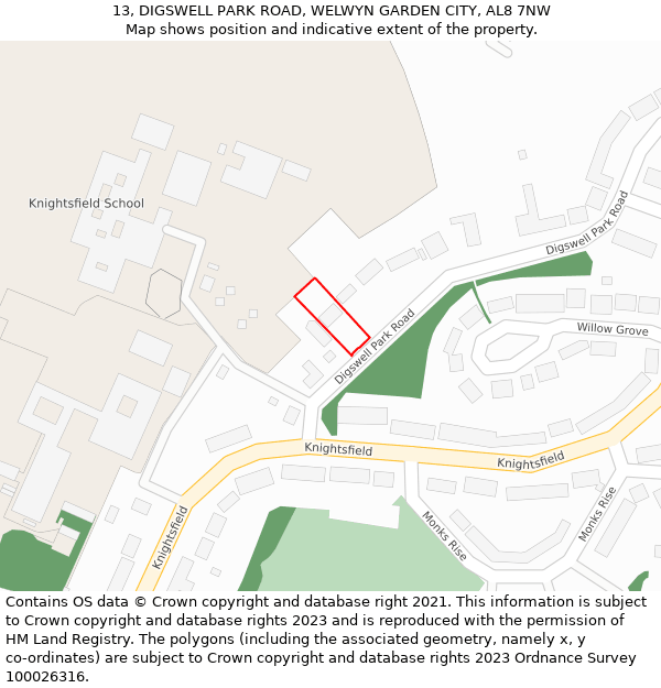 13, DIGSWELL PARK ROAD, WELWYN GARDEN CITY, AL8 7NW: Location map and indicative extent of plot