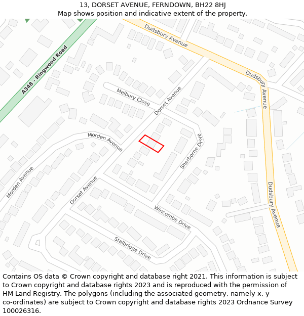 13, DORSET AVENUE, FERNDOWN, BH22 8HJ: Location map and indicative extent of plot