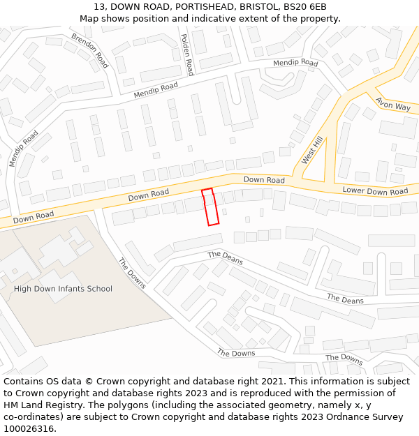 13, DOWN ROAD, PORTISHEAD, BRISTOL, BS20 6EB: Location map and indicative extent of plot