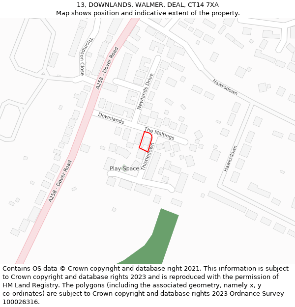 13, DOWNLANDS, WALMER, DEAL, CT14 7XA: Location map and indicative extent of plot