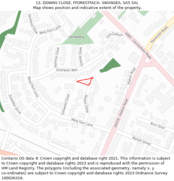 13, DOWNS CLOSE, FFORESTFACH, SWANSEA, SA5 5AL: Location map and indicative extent of plot