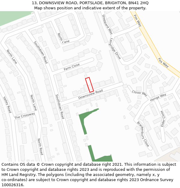 13, DOWNSVIEW ROAD, PORTSLADE, BRIGHTON, BN41 2HQ: Location map and indicative extent of plot