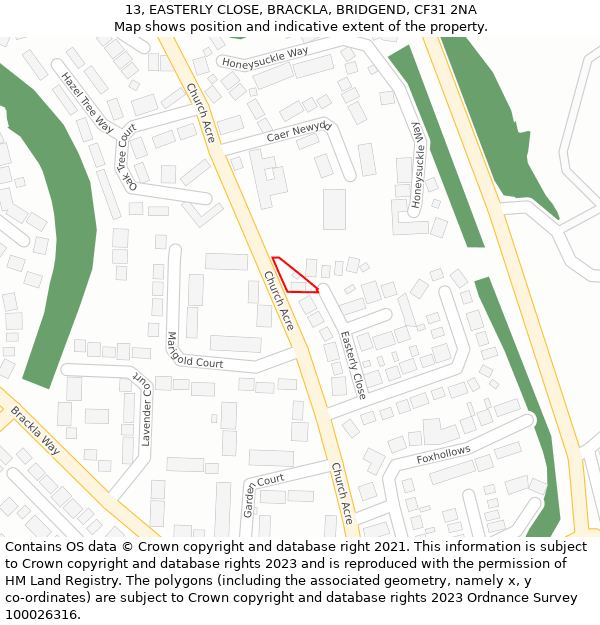 13, EASTERLY CLOSE, BRACKLA, BRIDGEND, CF31 2NA: Location map and indicative extent of plot