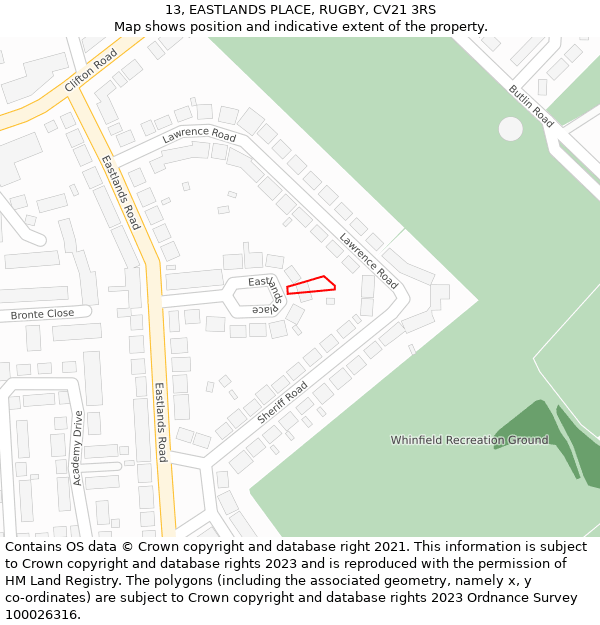 13, EASTLANDS PLACE, RUGBY, CV21 3RS: Location map and indicative extent of plot