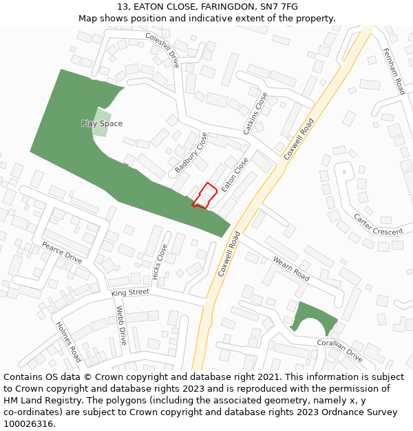 13, EATON CLOSE, FARINGDON, SN7 7FG: Location map and indicative extent of plot