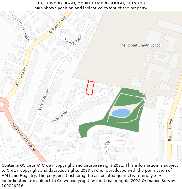 13, EDWARD ROAD, MARKET HARBOROUGH, LE16 7AD: Location map and indicative extent of plot