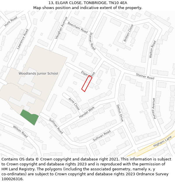 13, ELGAR CLOSE, TONBRIDGE, TN10 4EA: Location map and indicative extent of plot