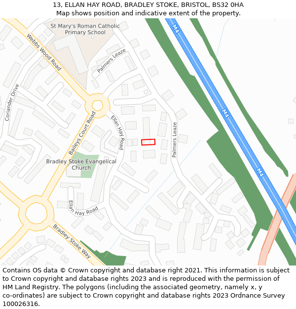 13, ELLAN HAY ROAD, BRADLEY STOKE, BRISTOL, BS32 0HA: Location map and indicative extent of plot