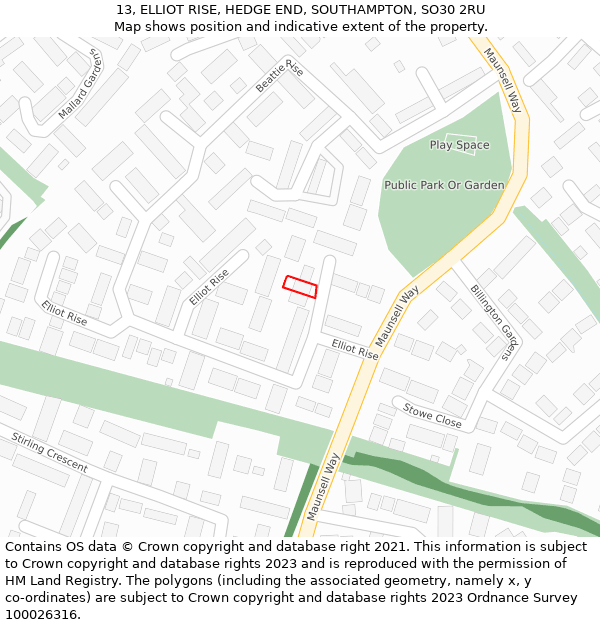 13, ELLIOT RISE, HEDGE END, SOUTHAMPTON, SO30 2RU: Location map and indicative extent of plot