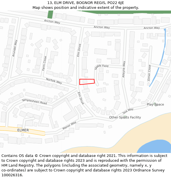 13, ELM DRIVE, BOGNOR REGIS, PO22 6JE: Location map and indicative extent of plot