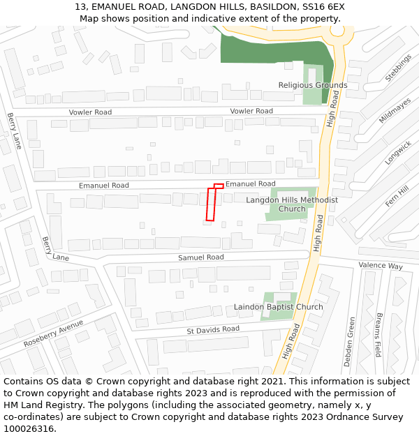 13, EMANUEL ROAD, LANGDON HILLS, BASILDON, SS16 6EX: Location map and indicative extent of plot