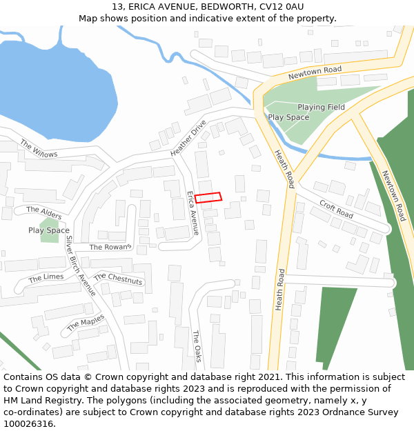 13, ERICA AVENUE, BEDWORTH, CV12 0AU: Location map and indicative extent of plot