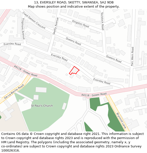 13, EVERSLEY ROAD, SKETTY, SWANSEA, SA2 9DB: Location map and indicative extent of plot