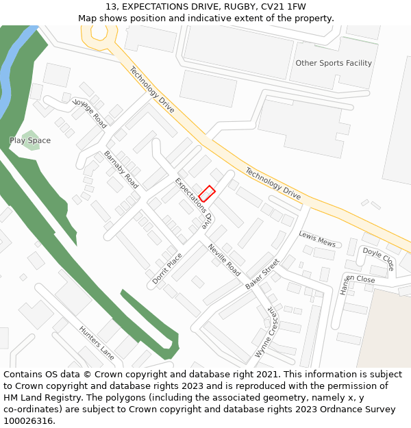 13, EXPECTATIONS DRIVE, RUGBY, CV21 1FW: Location map and indicative extent of plot