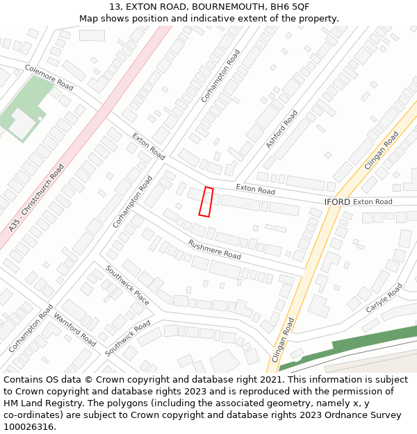 13, EXTON ROAD, BOURNEMOUTH, BH6 5QF: Location map and indicative extent of plot