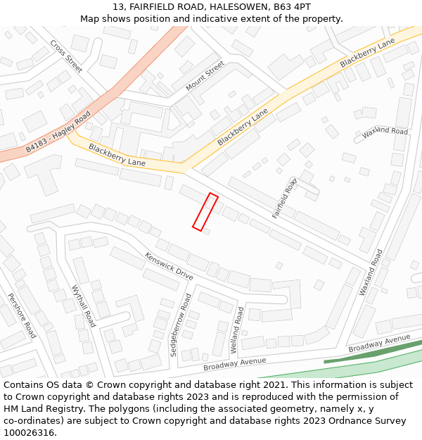 13, FAIRFIELD ROAD, HALESOWEN, B63 4PT: Location map and indicative extent of plot