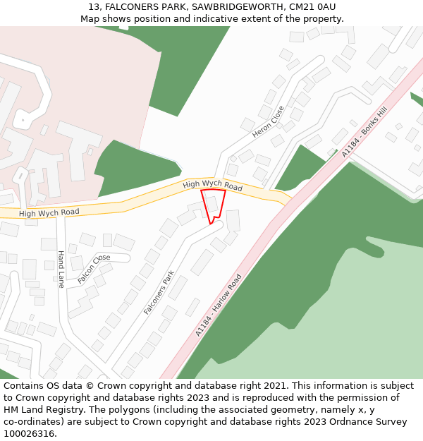 13, FALCONERS PARK, SAWBRIDGEWORTH, CM21 0AU: Location map and indicative extent of plot