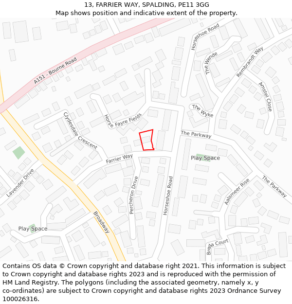 13, FARRIER WAY, SPALDING, PE11 3GG: Location map and indicative extent of plot