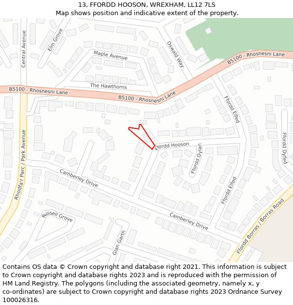 13, FFORDD HOOSON, WREXHAM, LL12 7LS: Location map and indicative extent of plot