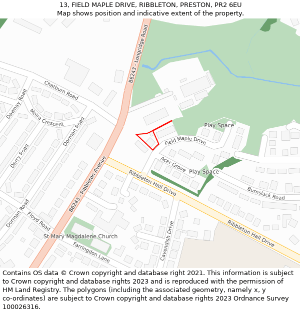 13, FIELD MAPLE DRIVE, RIBBLETON, PRESTON, PR2 6EU: Location map and indicative extent of plot