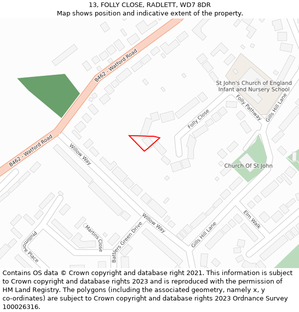 13, FOLLY CLOSE, RADLETT, WD7 8DR: Location map and indicative extent of plot