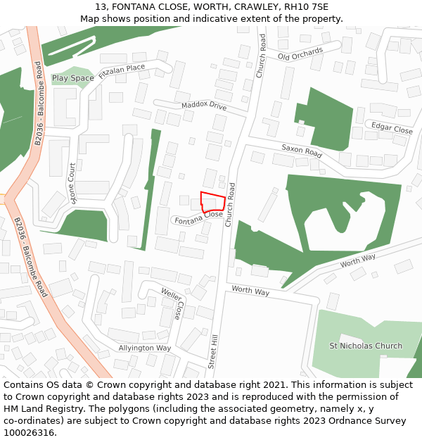 13, FONTANA CLOSE, WORTH, CRAWLEY, RH10 7SE: Location map and indicative extent of plot