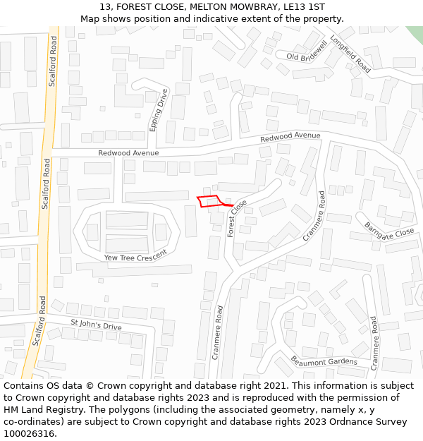 13, FOREST CLOSE, MELTON MOWBRAY, LE13 1ST: Location map and indicative extent of plot