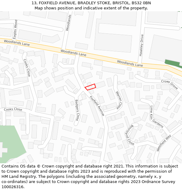 13, FOXFIELD AVENUE, BRADLEY STOKE, BRISTOL, BS32 0BN: Location map and indicative extent of plot