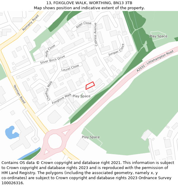 13, FOXGLOVE WALK, WORTHING, BN13 3TB: Location map and indicative extent of plot