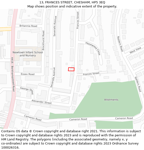 13, FRANCES STREET, CHESHAM, HP5 3EQ: Location map and indicative extent of plot