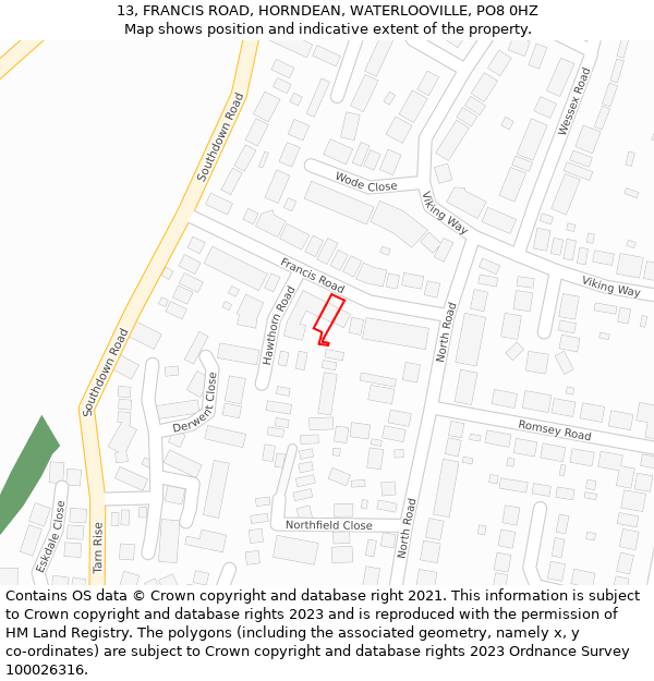 13, FRANCIS ROAD, HORNDEAN, WATERLOOVILLE, PO8 0HZ: Location map and indicative extent of plot