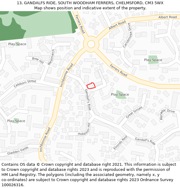 13, GANDALFS RIDE, SOUTH WOODHAM FERRERS, CHELMSFORD, CM3 5WX: Location map and indicative extent of plot