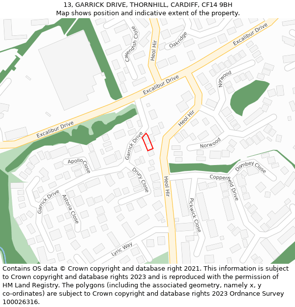 13, GARRICK DRIVE, THORNHILL, CARDIFF, CF14 9BH: Location map and indicative extent of plot