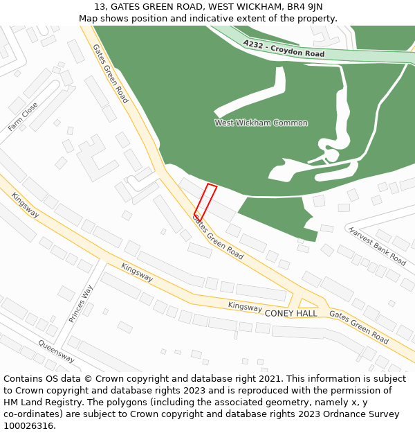 13, GATES GREEN ROAD, WEST WICKHAM, BR4 9JN: Location map and indicative extent of plot