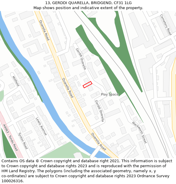 13, GERDDI QUARELLA, BRIDGEND, CF31 1LG: Location map and indicative extent of plot