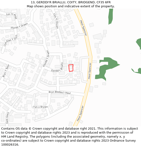 13, GERDDI'R BRIALLU, COITY, BRIDGEND, CF35 6FR: Location map and indicative extent of plot