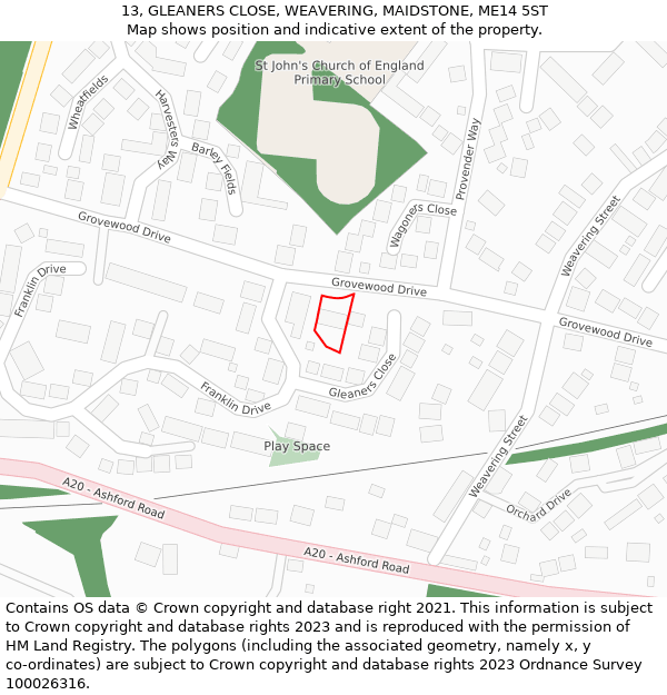 13, GLEANERS CLOSE, WEAVERING, MAIDSTONE, ME14 5ST: Location map and indicative extent of plot