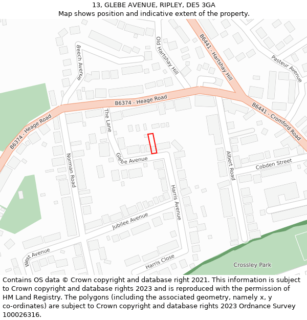 13, GLEBE AVENUE, RIPLEY, DE5 3GA: Location map and indicative extent of plot