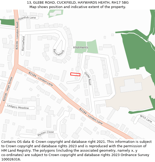 13, GLEBE ROAD, CUCKFIELD, HAYWARDS HEATH, RH17 5BG: Location map and indicative extent of plot