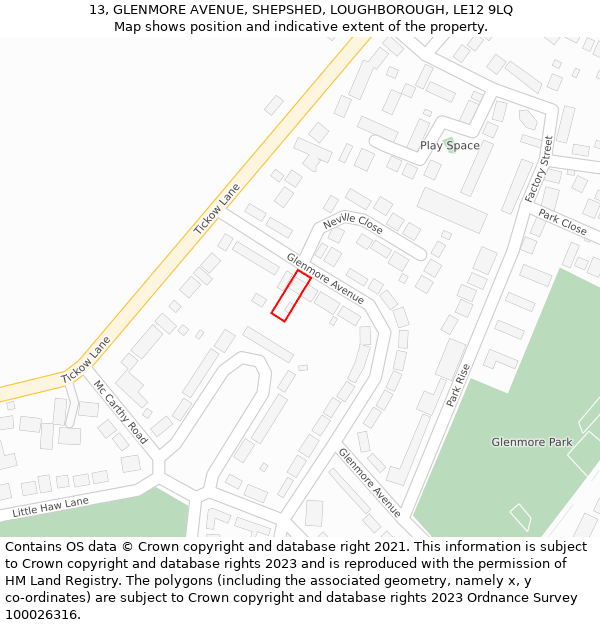 13, GLENMORE AVENUE, SHEPSHED, LOUGHBOROUGH, LE12 9LQ: Location map and indicative extent of plot