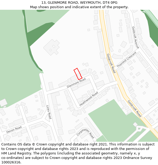 13, GLENMORE ROAD, WEYMOUTH, DT4 0PG: Location map and indicative extent of plot