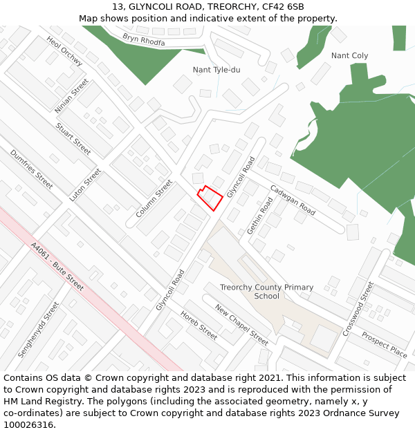 13, GLYNCOLI ROAD, TREORCHY, CF42 6SB: Location map and indicative extent of plot