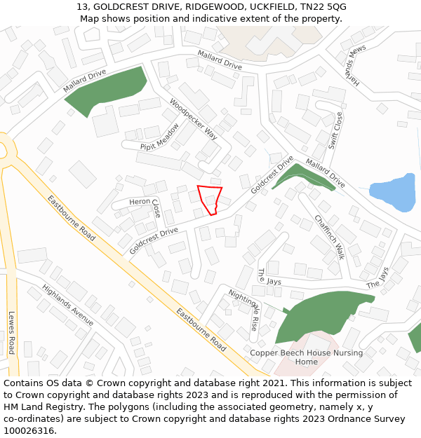 13, GOLDCREST DRIVE, RIDGEWOOD, UCKFIELD, TN22 5QG: Location map and indicative extent of plot