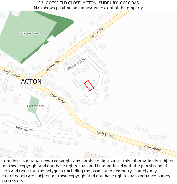 13, GOTSFIELD CLOSE, ACTON, SUDBURY, CO10 0AS: Location map and indicative extent of plot