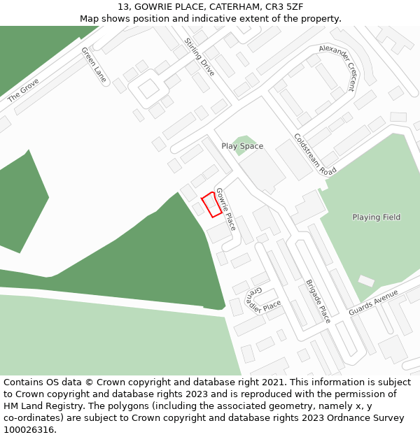 13, GOWRIE PLACE, CATERHAM, CR3 5ZF: Location map and indicative extent of plot