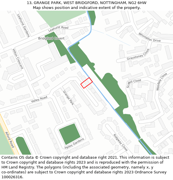 13, GRANGE PARK, WEST BRIDGFORD, NOTTINGHAM, NG2 6HW: Location map and indicative extent of plot