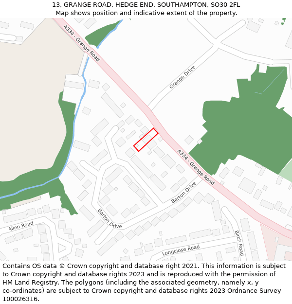 13, GRANGE ROAD, HEDGE END, SOUTHAMPTON, SO30 2FL: Location map and indicative extent of plot