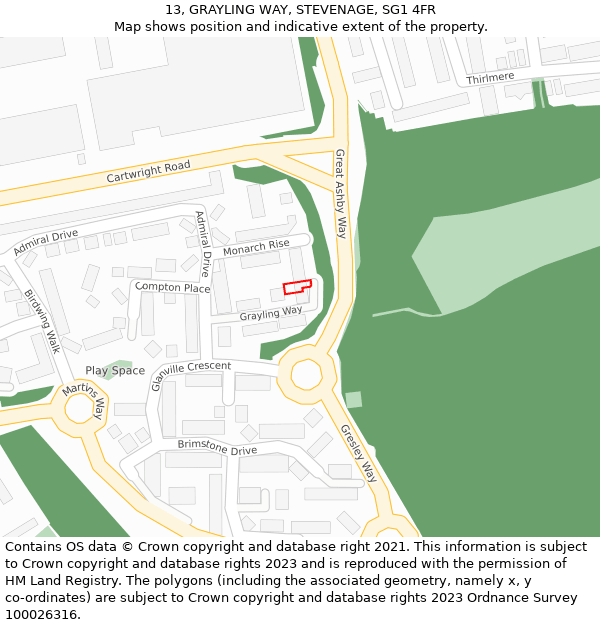 13, GRAYLING WAY, STEVENAGE, SG1 4FR: Location map and indicative extent of plot